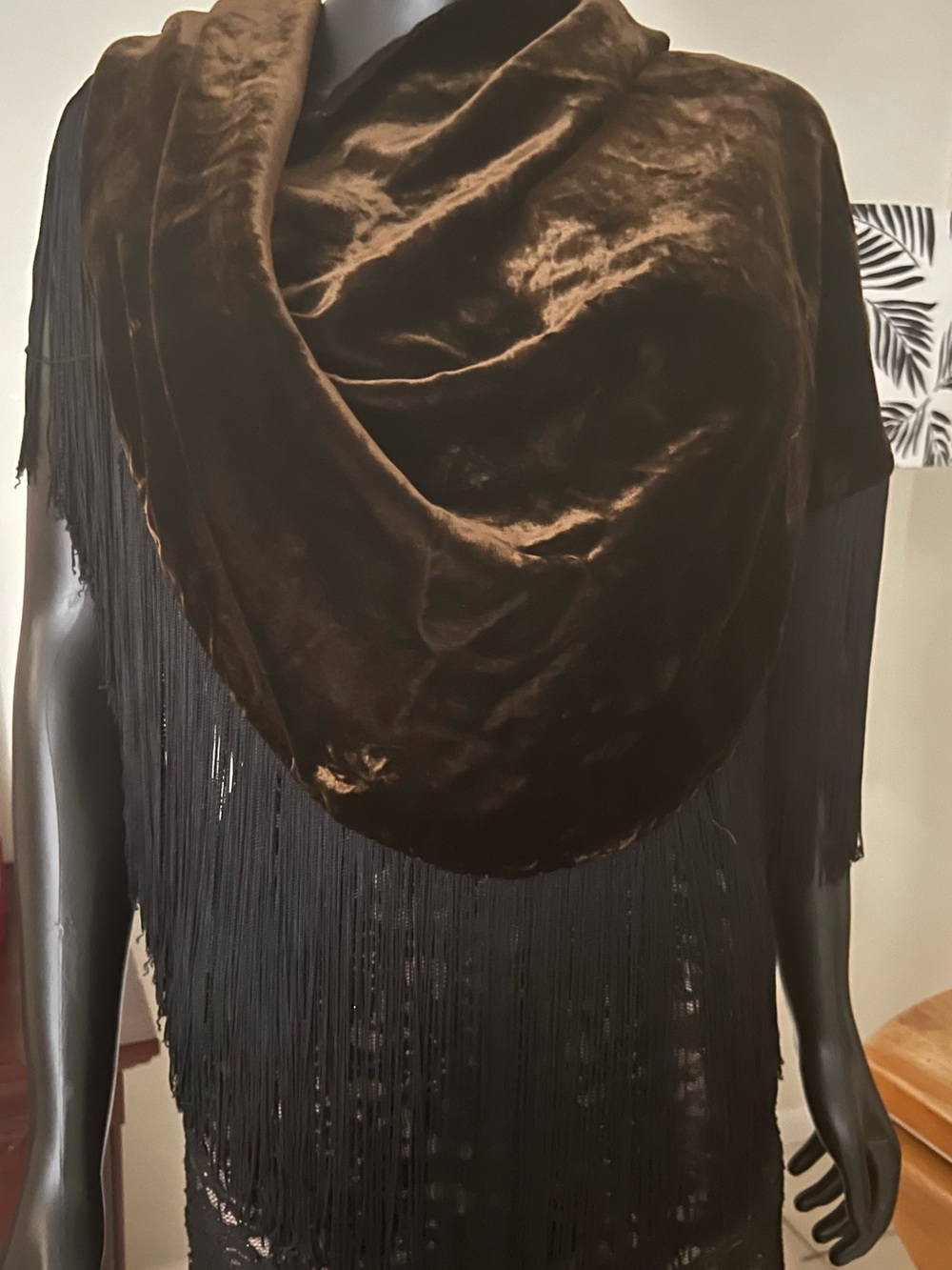 Vintage Velvet Shawl Scarf in Deep Brown With Black Fringe FABULOUS & UNIQUE!